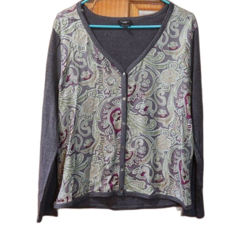 Talbots Gray Paisley Front Silk Panel Merino Wool Cardigan Sweater Large Classic